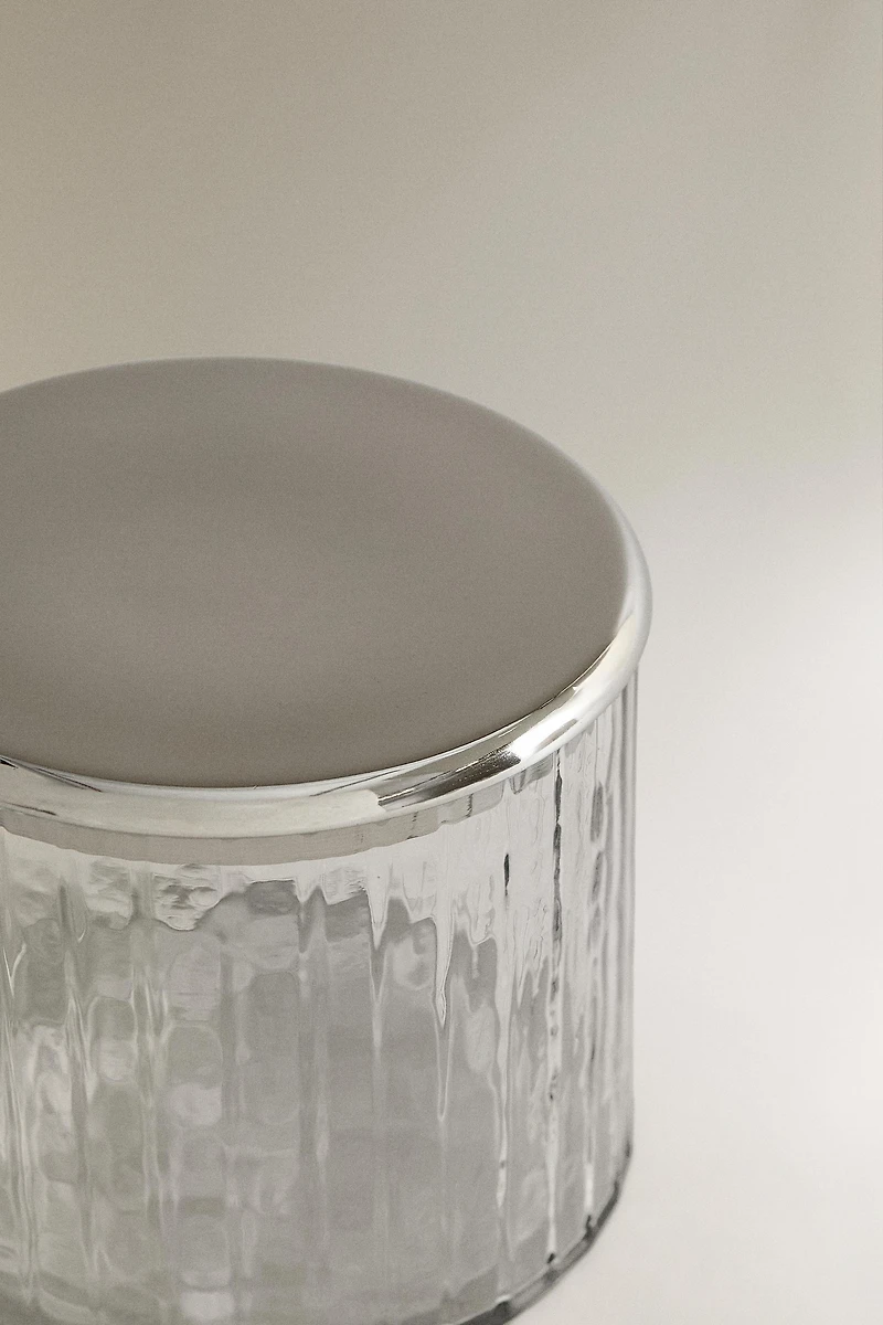GLASS AND METAL BATHROOM JAR WITH RAISED DESIGN