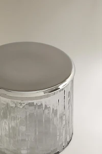 GLASS AND METAL BATHROOM JAR WITH RAISED DESIGN