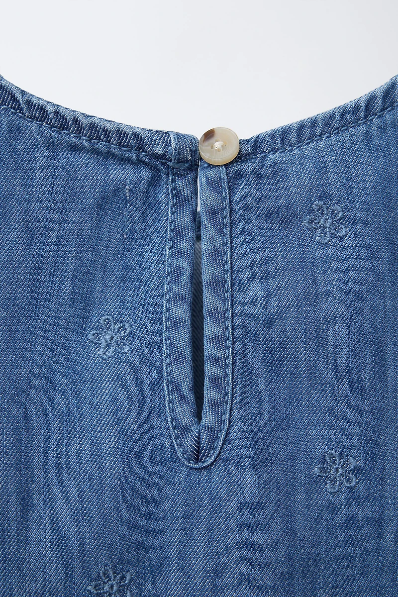 EMBROIDERED FLORAL DENIM TOP