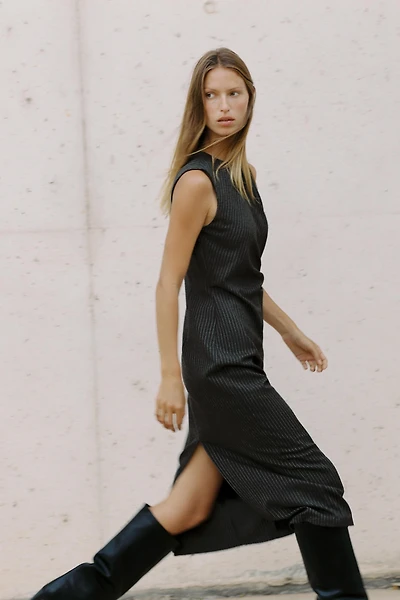 STRIPED BUCKLE MIDI DRESS