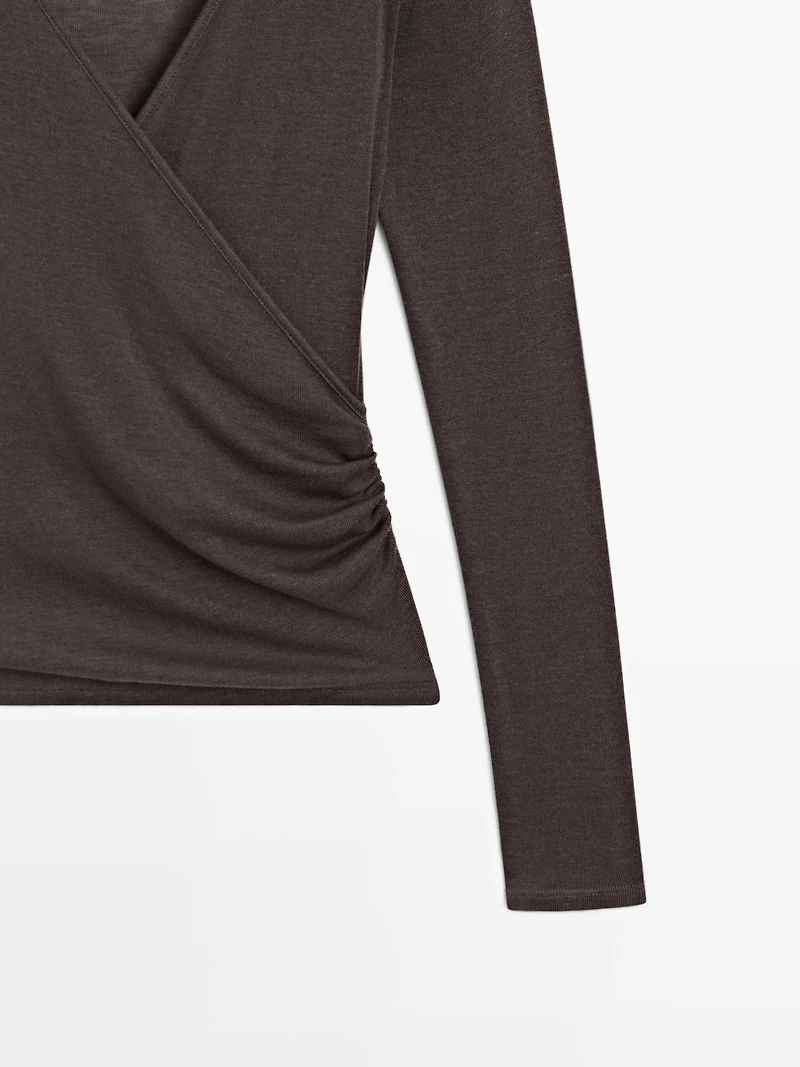 Lyocell and wool top with surplice neckline