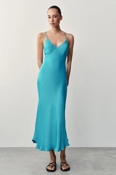BEADED BACK SATIN EFFECT DRESS