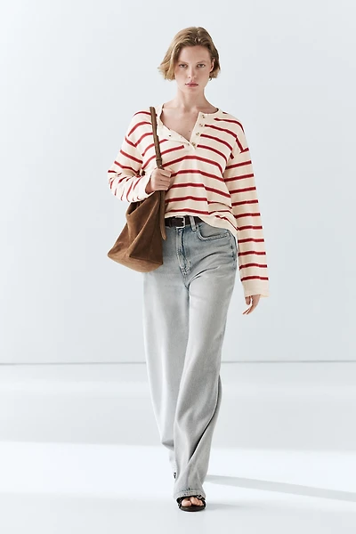 100% cotton striped knit henley sweater