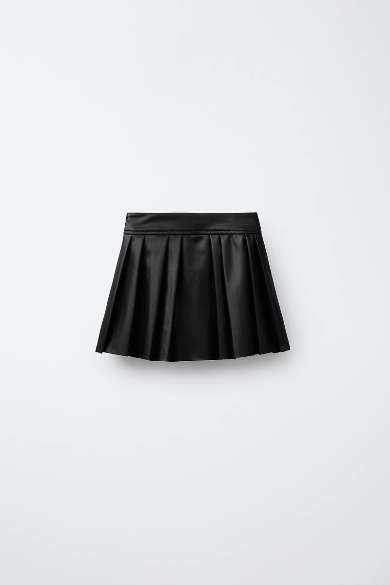 FAUX LEATHER BOX PLEAT SKIRT WITH TIES