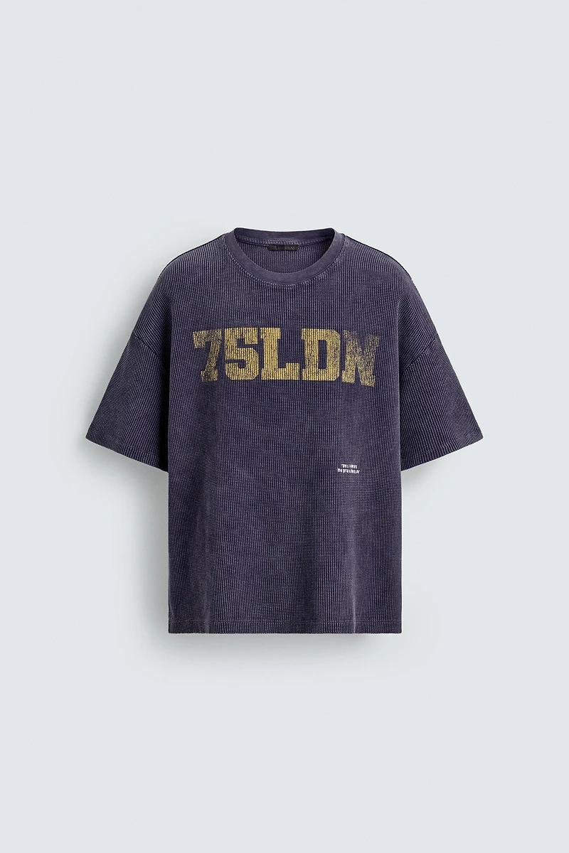 WASHED PRINTED WAFFLE WEAVE SWEATSHIRT