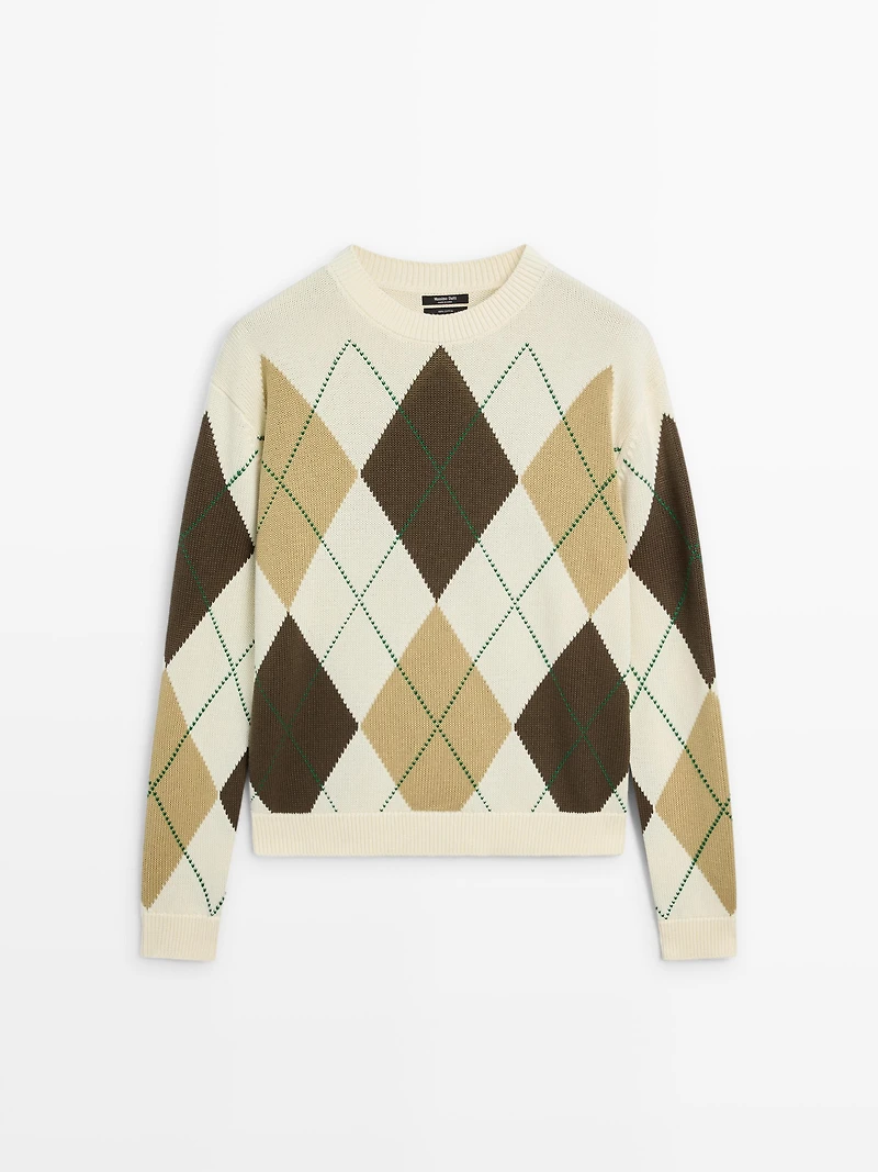 100% cotton knit sweater with Argyle detail