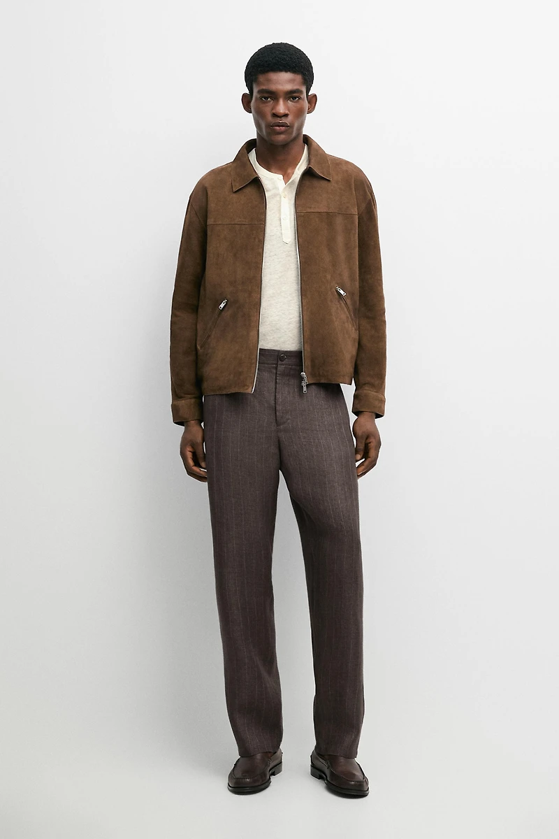 100% linen striped straight-leg pants