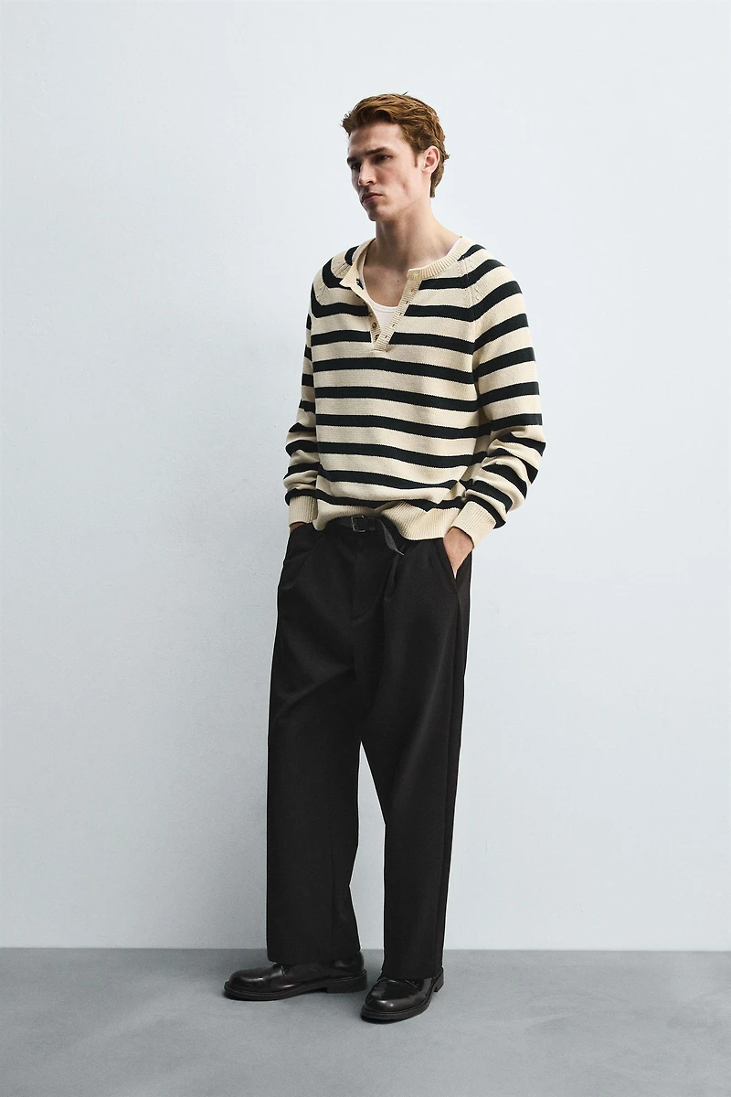 STRIPED SWEATER WITH BUTTON NECK