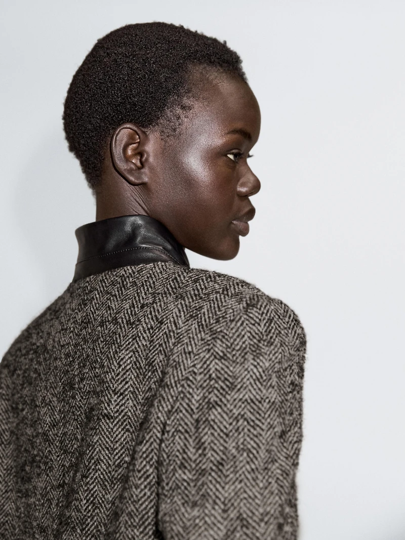 Herringbone wool blend blazer with high collar