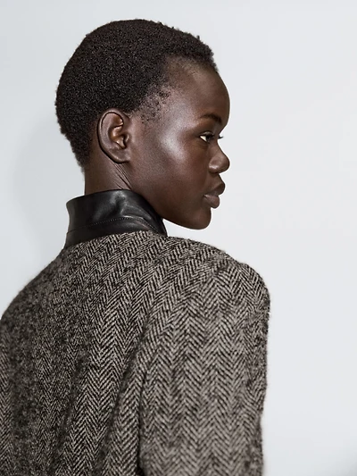 Herringbone wool blend blazer with high collar