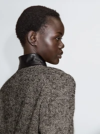 Herringbone wool blend blazer with high collar