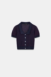 GILET EN MAILLE À COL CLAUDINE ET MANCHES COURTES
