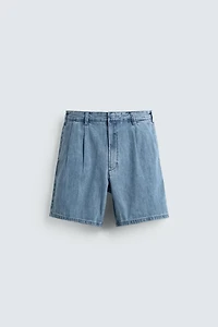 RELAXED FIT PLEATED DENIM SHORTS