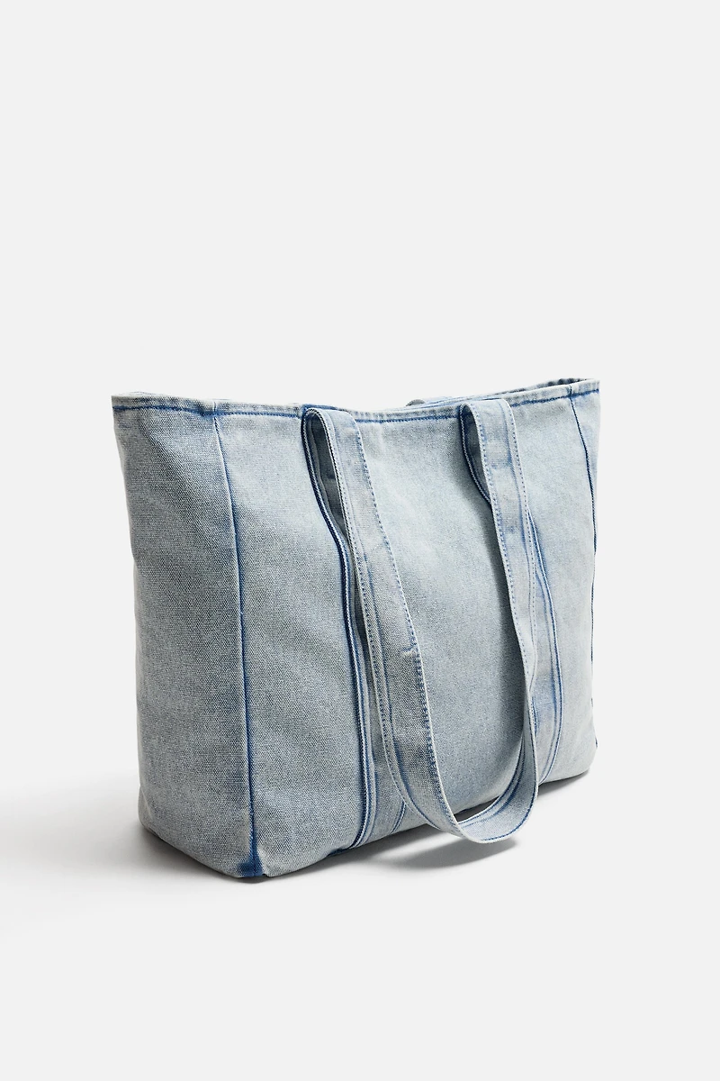 WASHED-EFFECT DENIM SHOPPER BAG