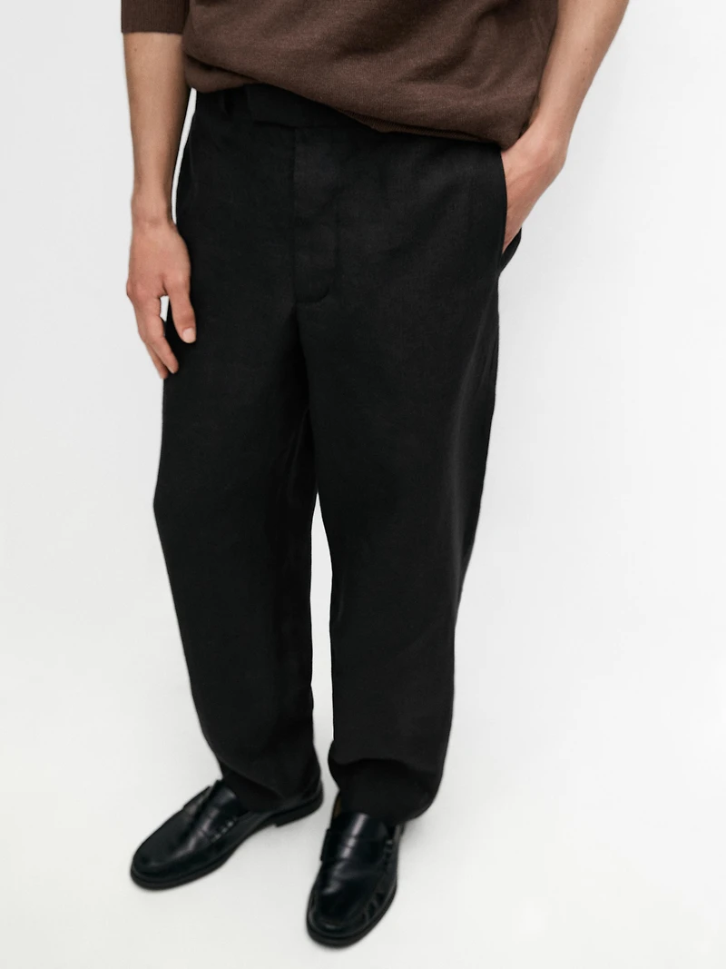 Linen tailored fit barrel trousers