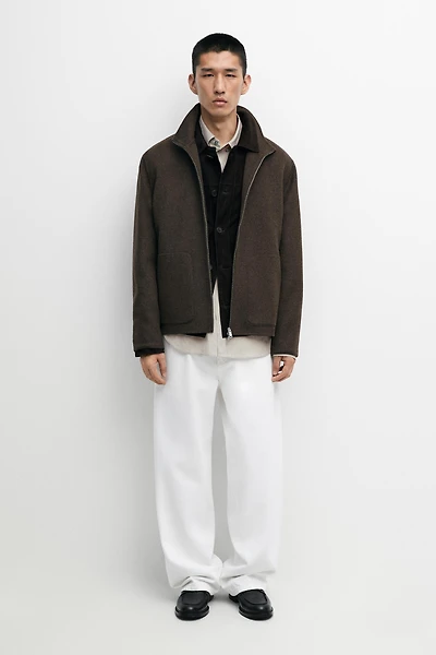 Wool blend double-fabric jacket with high neck