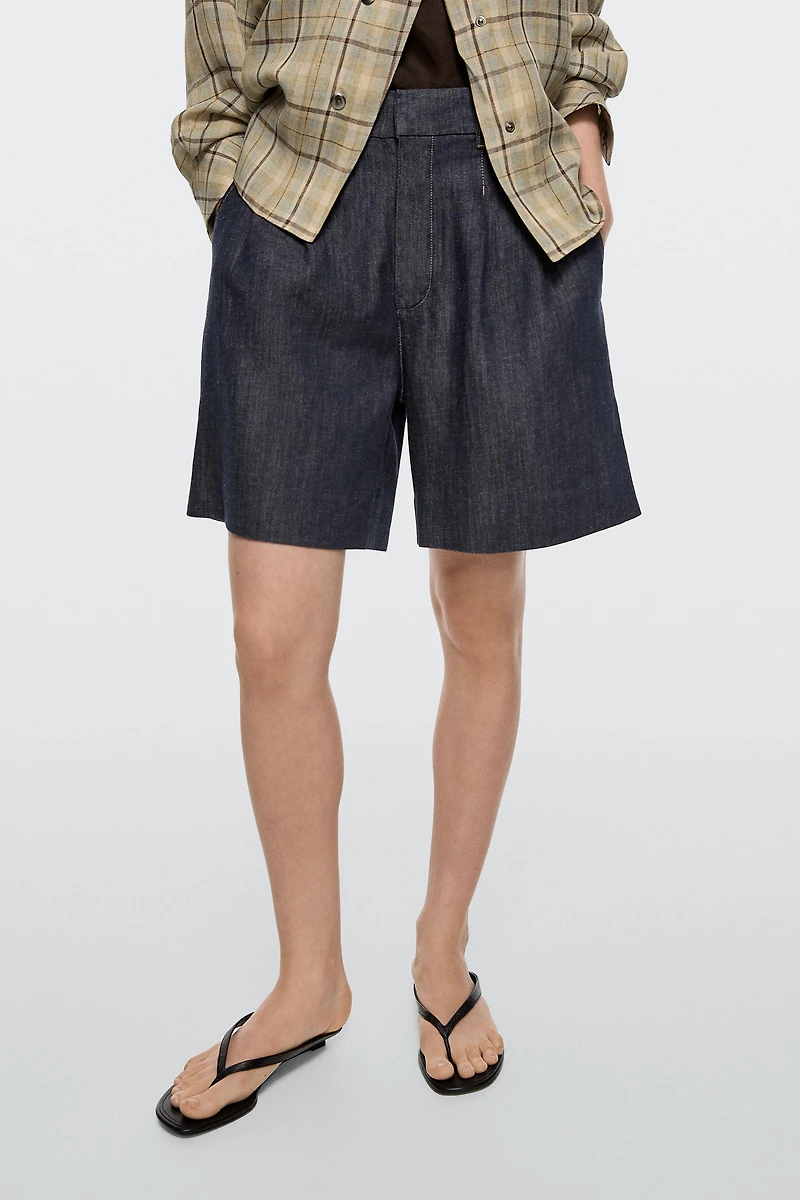 Cotton denim Bermuda shorts with topstitching