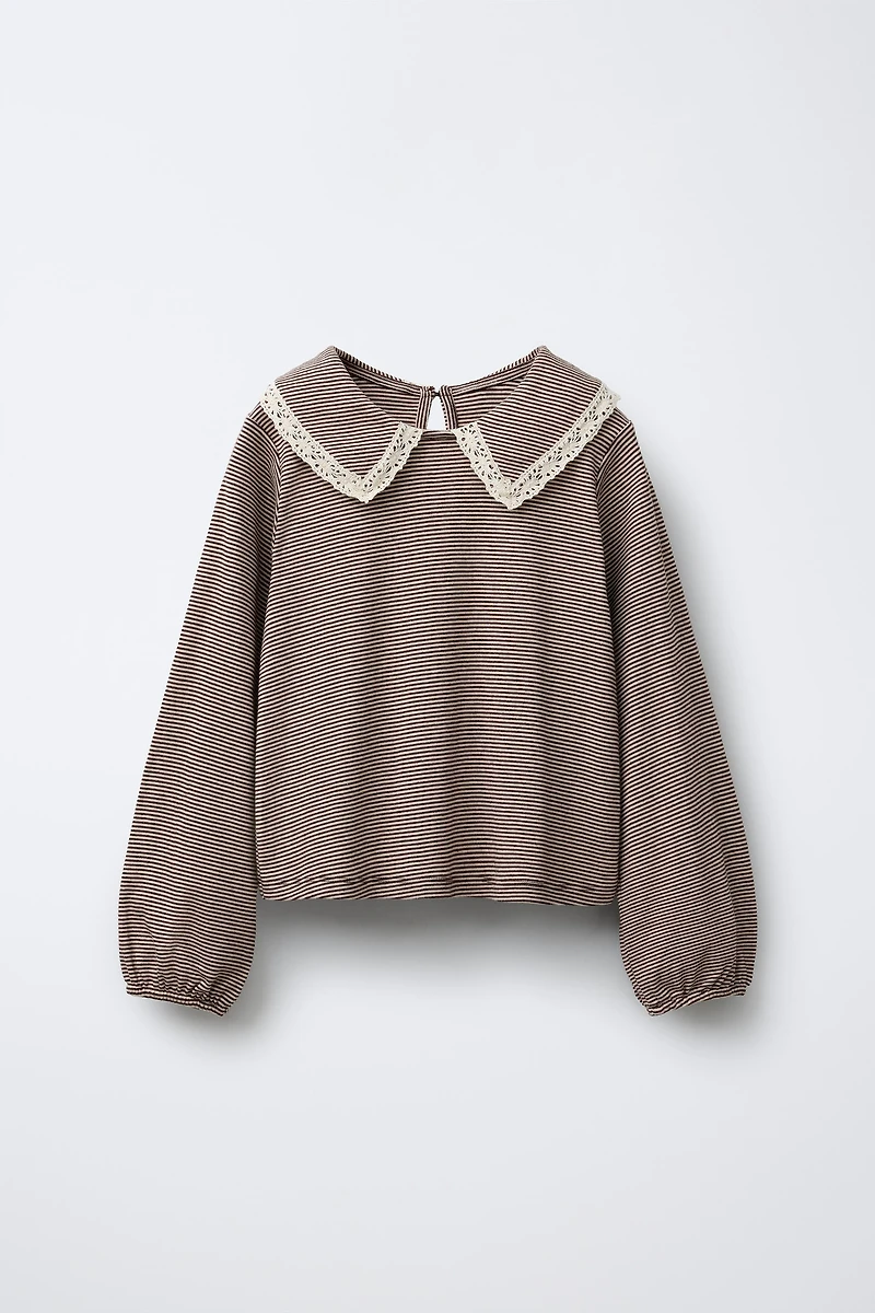 T-SHIRT À RAYURES COL CLAUDINE AVEC DENTELLE