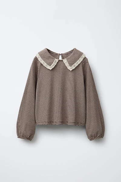 T-SHIRT À RAYURES COL CLAUDINE AVEC DENTELLE