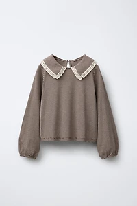 T-SHIRT À RAYURES COL CLAUDINE AVEC DENTELLE