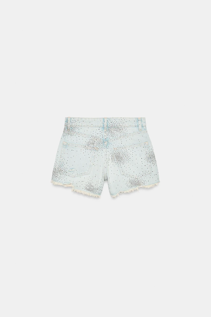 RIPPED HIGH-RISE RHINESTONE DENIM SHORTS