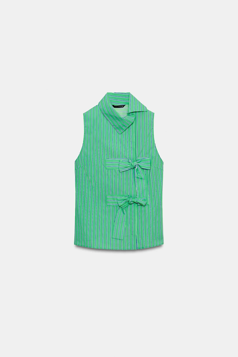 BOW TRIM STRIPED SLEEVELESS SHIRT