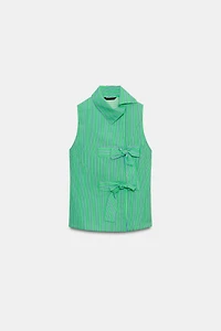 BOW TRIM STRIPED SLEEVELESS SHIRT
