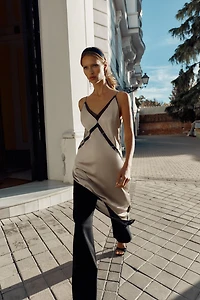 ASYMMETRIC SATIN EFFECT MIDI DRESS