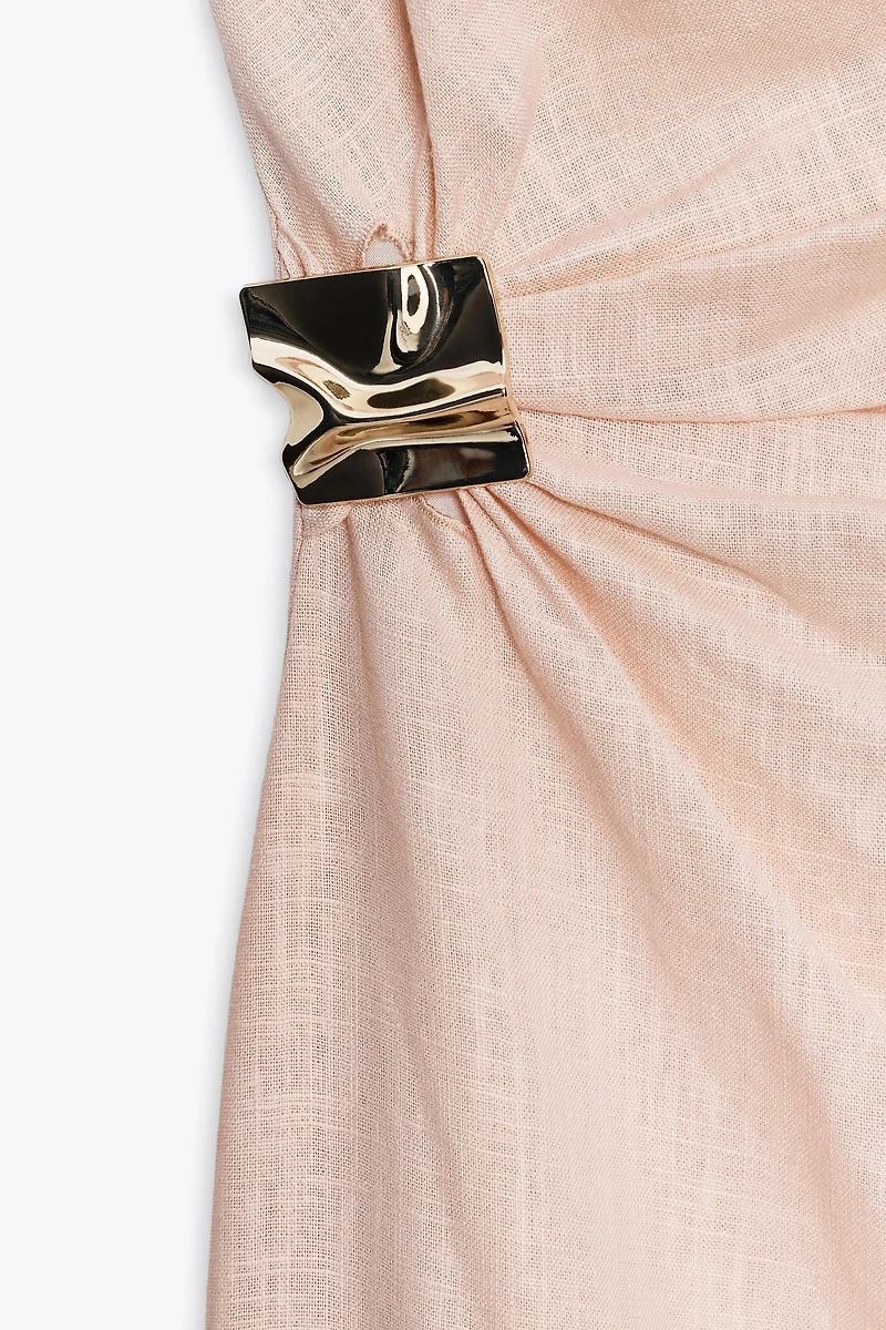 ASYMMETRIC LINEN-BLEND MIDI DRESS WITH APPLIQUÉ