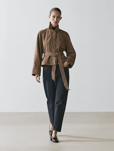 Suede leather jacket with belt