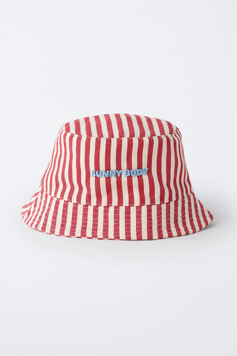 STRIPED BUCKET HAT WITH EMBROIDERED TEXT