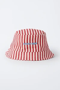 STRIPED BUCKET HAT WITH EMBROIDERED TEXT