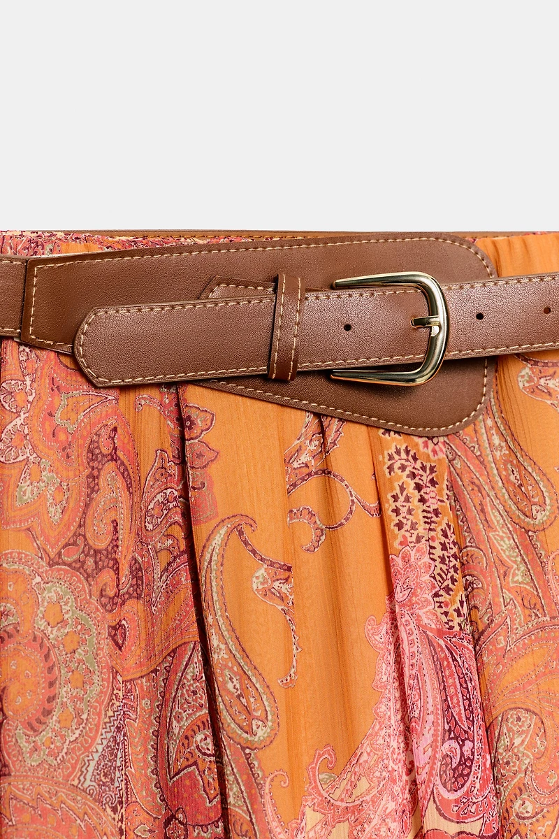 PRINTED MIDI SKIRT WITH BELT