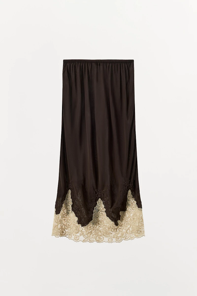 100% VISCOSE EMBROIDERED LACE MIDI SKIRT