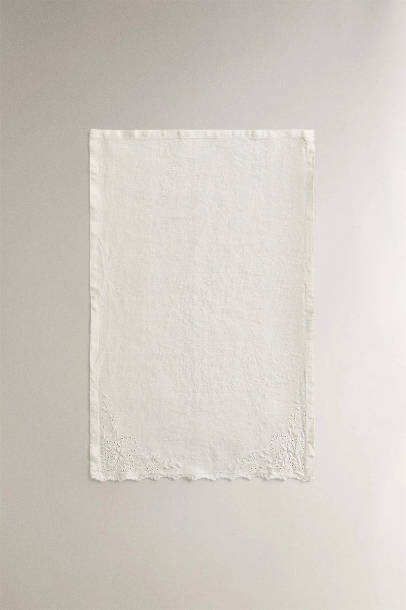 EMBROIDERED HEMSTITCHED WASHED LINEN TOWEL