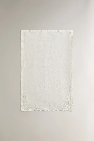 EMBROIDERED HEMSTITCHED WASHED LINEN TOWEL