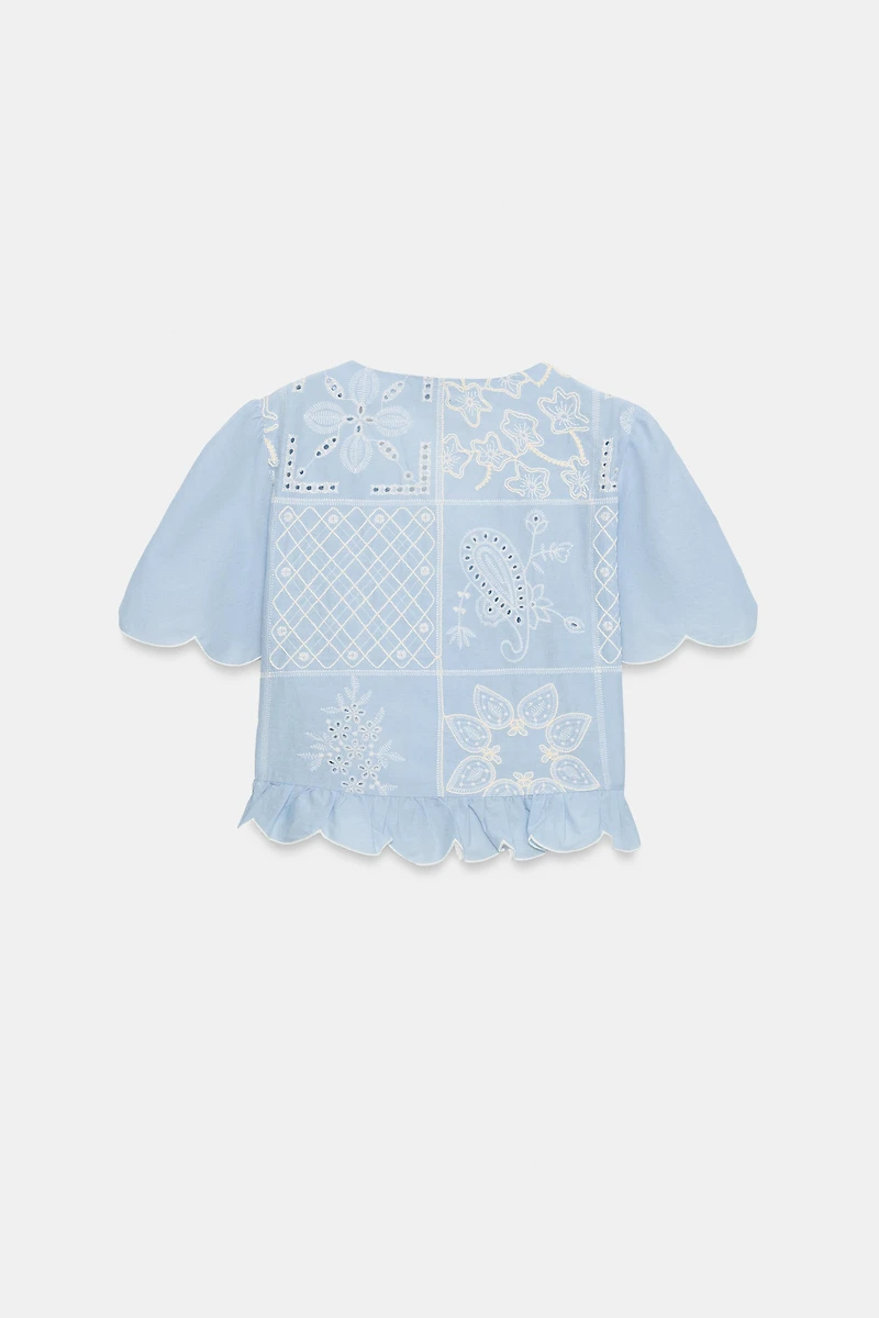 PERFORATED EMBROIDERED TIE BLOUSE