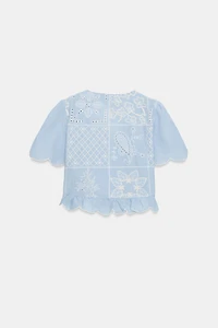 PERFORATED EMBROIDERED TIE BLOUSE