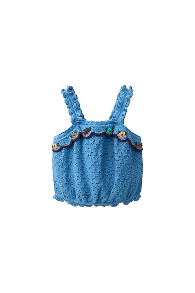 COTTON LINEN KNIT TOP WITH EMBROIDERY AND RUFFLES