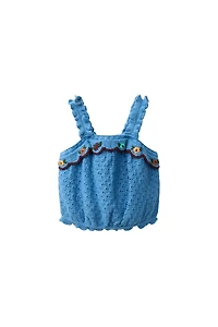 COTTON LINEN KNIT TOP WITH EMBROIDERY AND RUFFLES