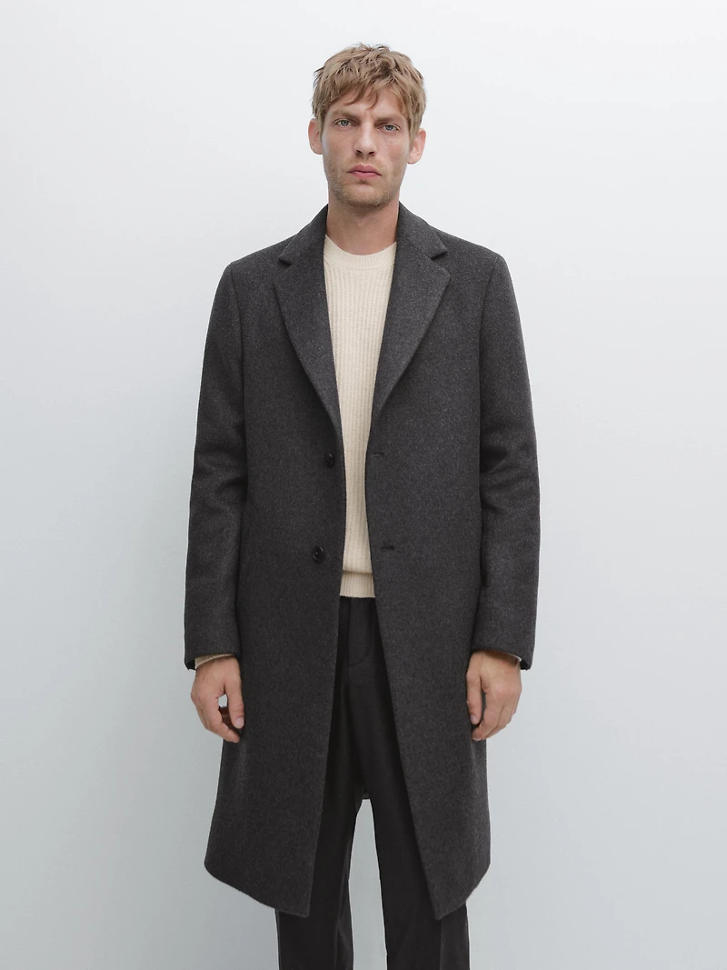 100% wool long coat with lapel collar
