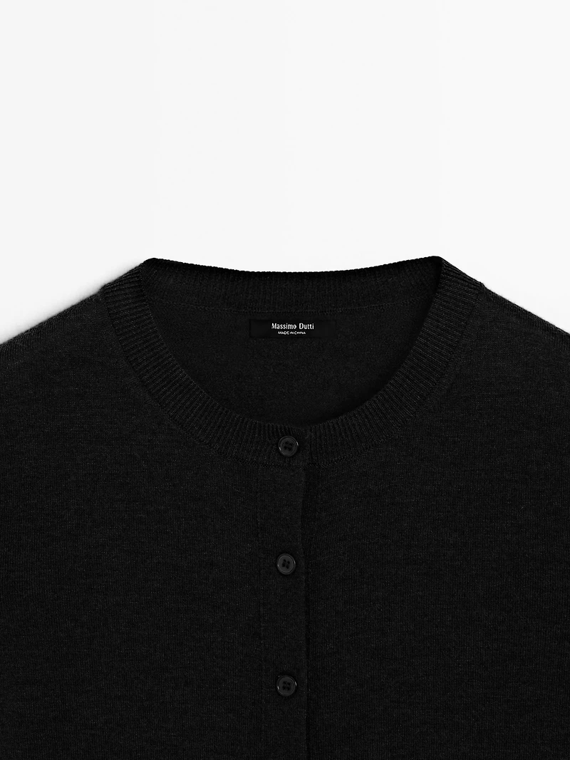 Wool blend knit cardigan with crew neck