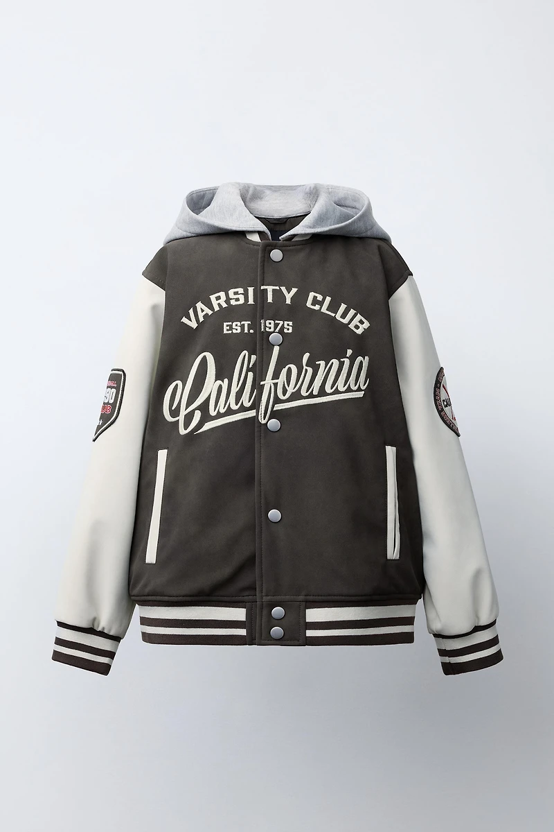 HOODIE BOMBER JACKET WITH FAUX LEATHER SLEEVES