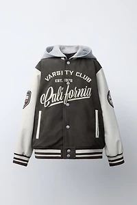 HOODIE BOMBER JACKET WITH FAUX LEATHER SLEEVES