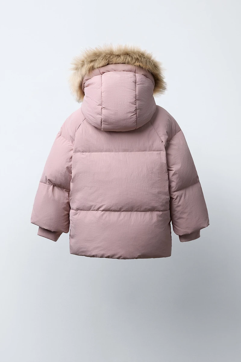 50% FEATHER AND DOWN WATER REPELLENT PUFFER COAT WITH REMOVABLE FAUX FUR TRIM HOODIE