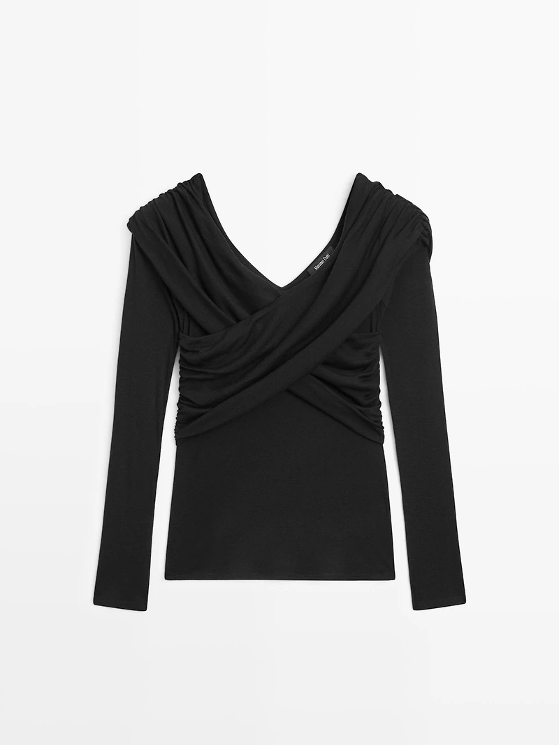 Off-the-shoulder lyocell and wool blend top