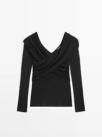 Off-the-shoulder lyocell and wool blend top