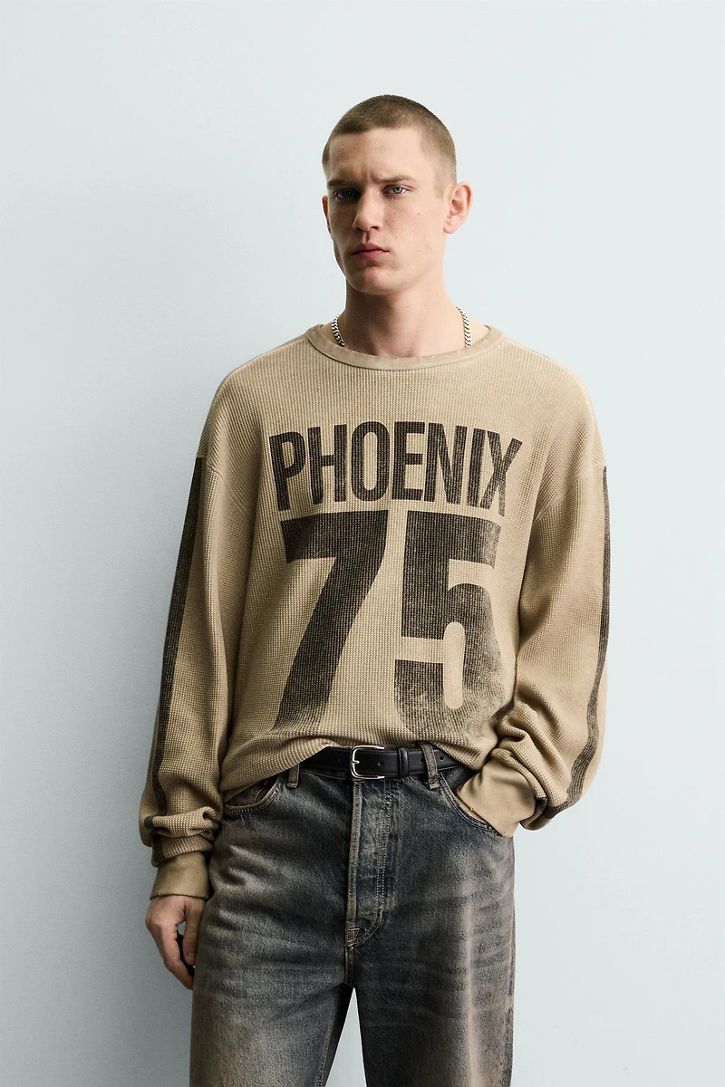 PRINTED WAFFLE WEAVE SWEATSHIRT