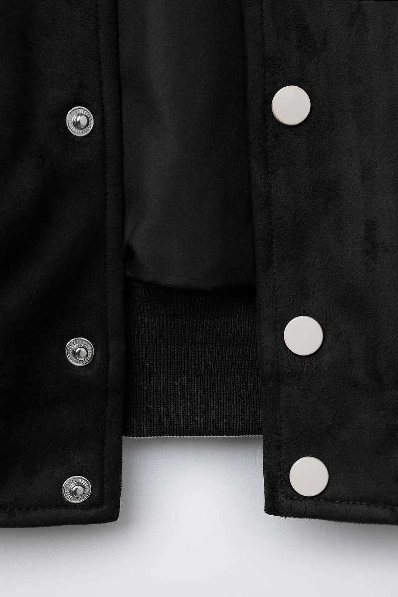 EMBROIDERED TEXT FAUX SUEDE BOMBER JACKET