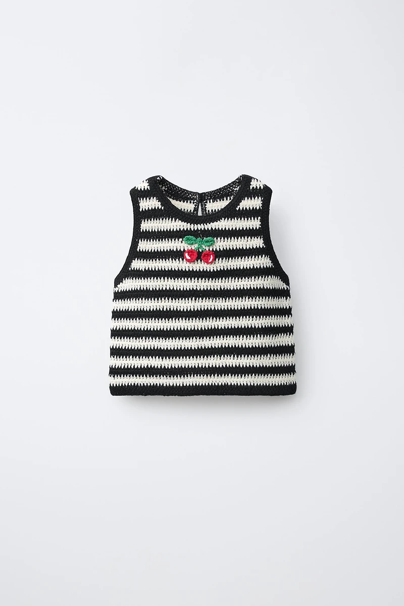 CHERRY EMBROIDERED STRIPED CROCHET KNIT TOP